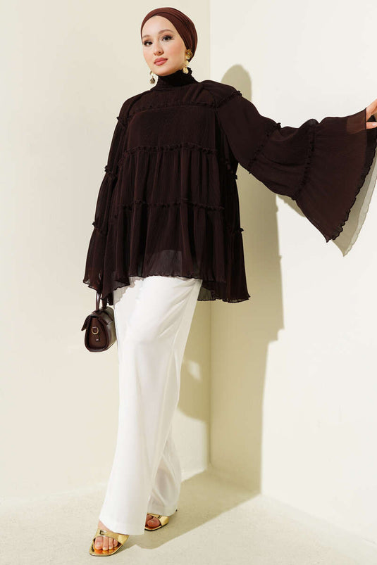 Pliseli Kat Kat Salaş Tunik Kahve