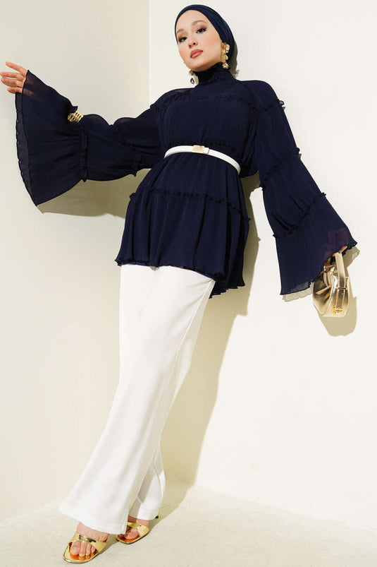 Pliseli Kat Kat Salaş Tunik Lacivert