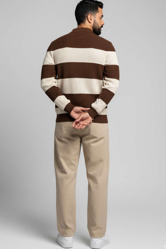 كنزة بولو رجالية محبوكة بياقة مفتوحة، لون بيج قهوة
