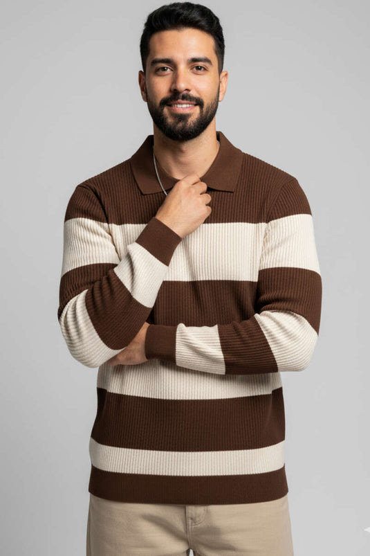 Polo Açık Yaka Erkek Triko Kazak Kahve Bej