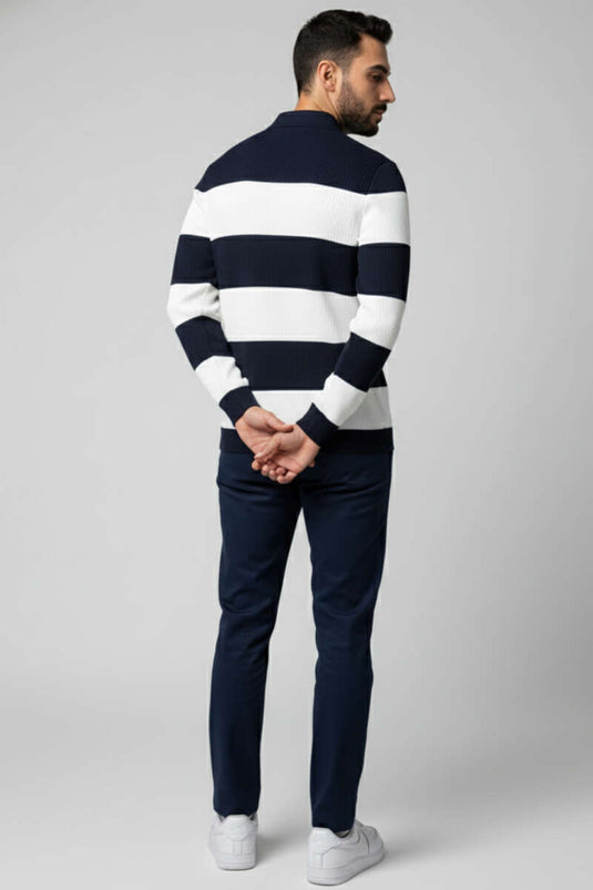 كنزة بولو رجالية مفتوحة الياقة من الصوف المحبوك باللونين الكحلي والأبيض