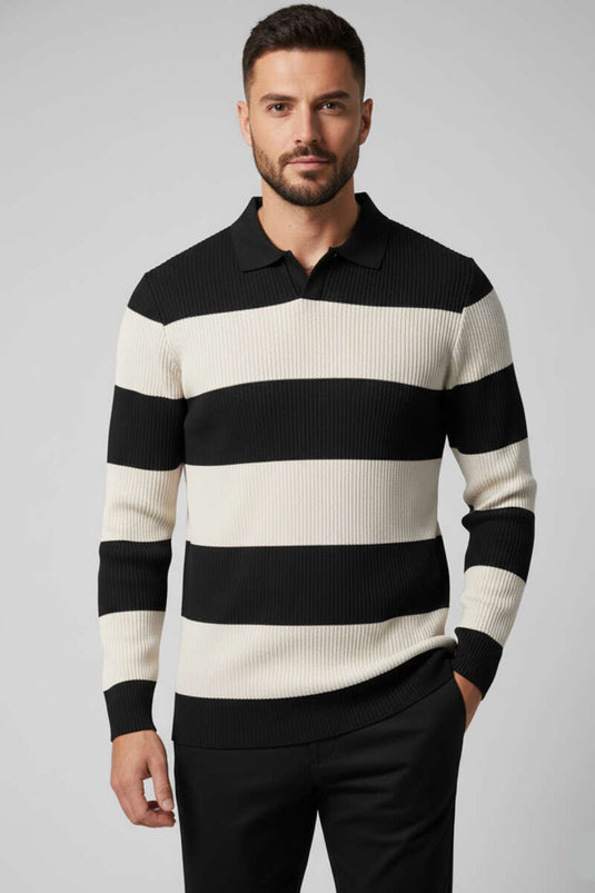 كنزة بولو رجالية مفتوحة الياقة، لون أسود وبيج