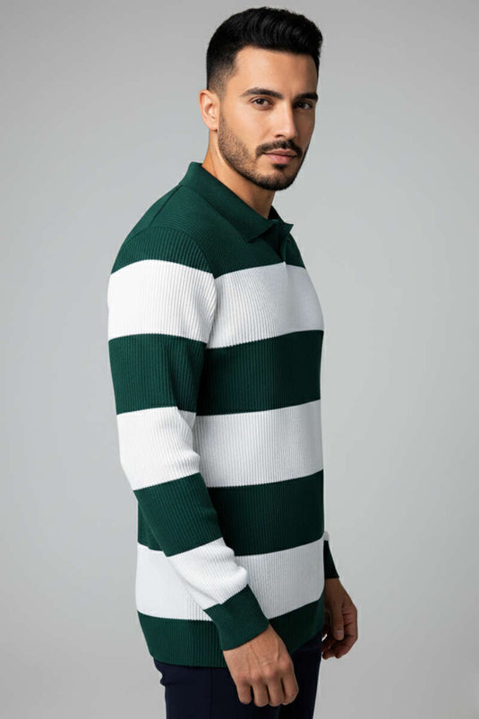 Polo Açık Yaka Erkek Triko Kazak Yeşil