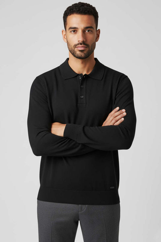 Pull polo à col boutonné pour homme, en maille noire