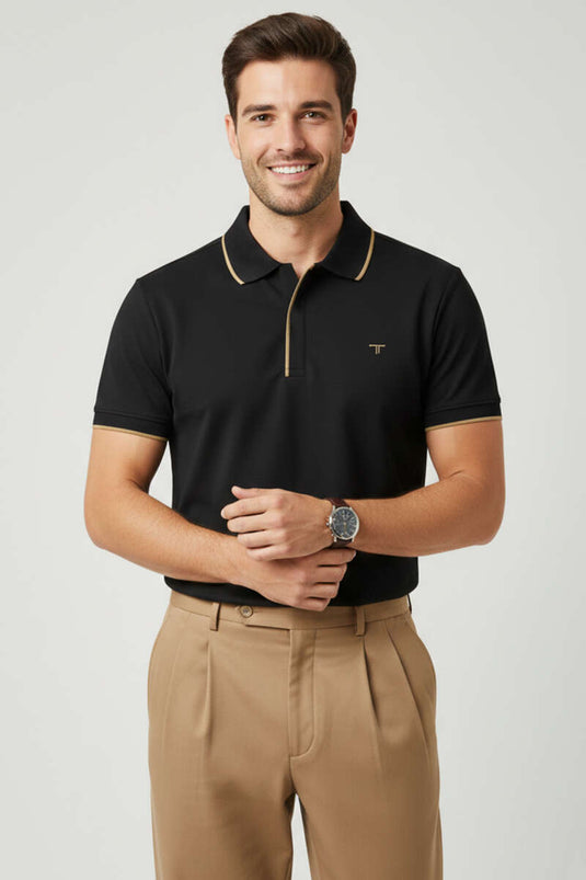 Polo Gizli Fermuarlı Erkek T-shirt Siyah