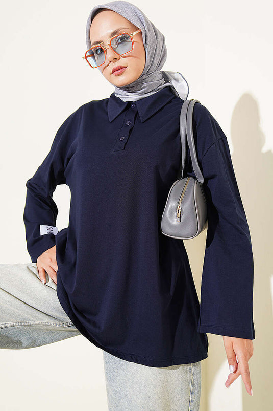 Polo Yaka Armalı Salaş Tunik Lacivert