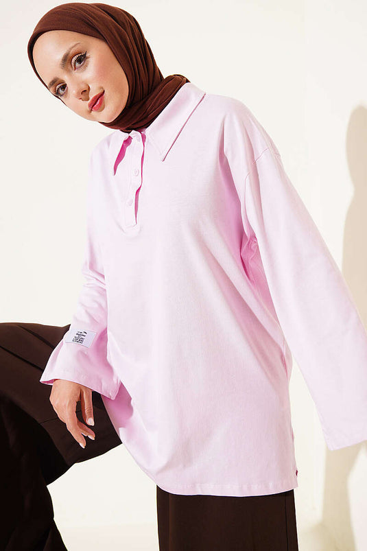 Polo Yaka Armalı Salaş Tunik Pembe