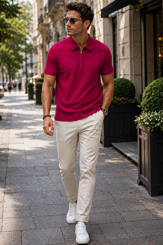 Polo Yaka Basic Fermuarlı T-shirt Bordo