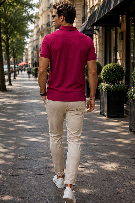 Polo Yaka Basic Fermuarlı T-shirt Bordo