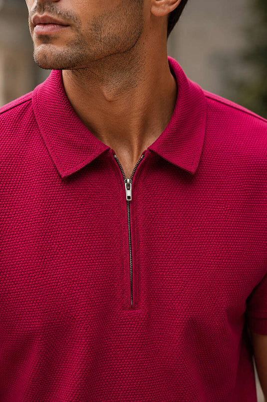 Polo Yaka Basic Fermuarlı T-shirt Bordo