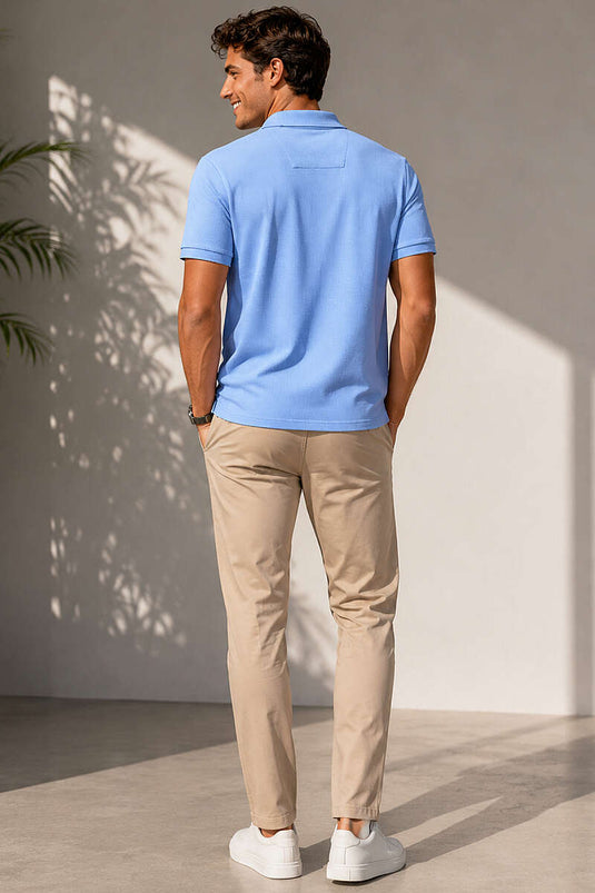 T-shirt basique à col polo zippé bleu glacier