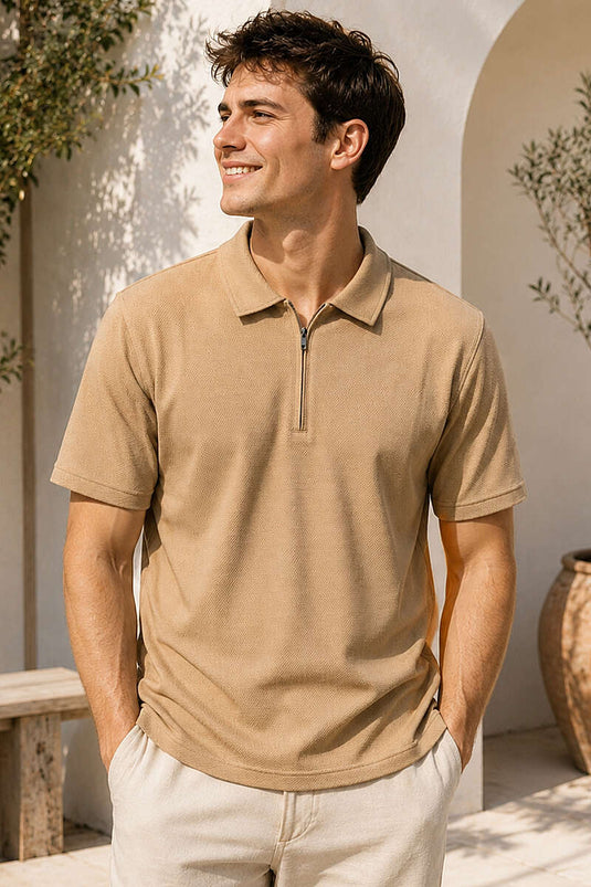 T-shirt basique à col polo zippé camel