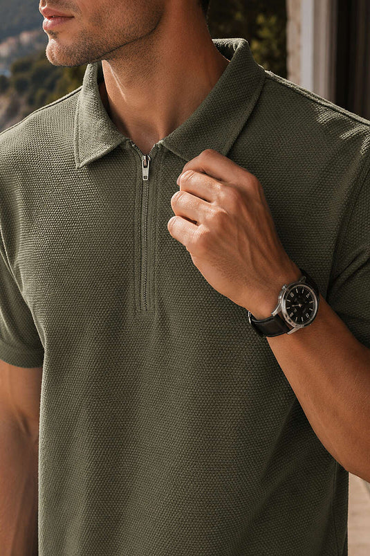 Polo Yaka Basic Fermuarlı T-shirt Haki