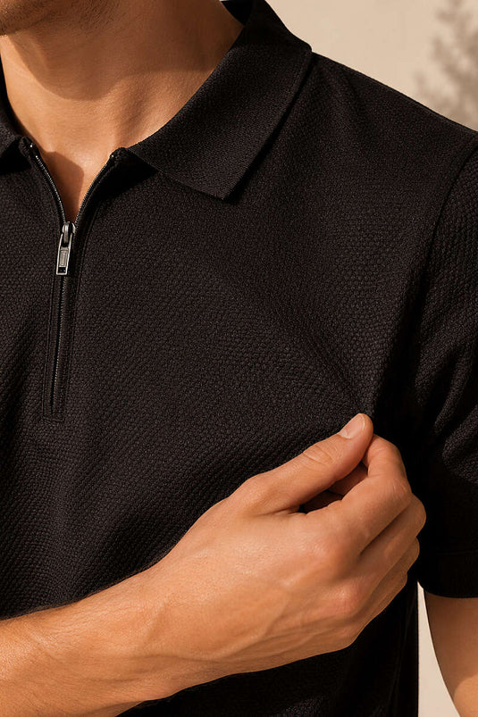 T-shirt basique à col polo zippé marron