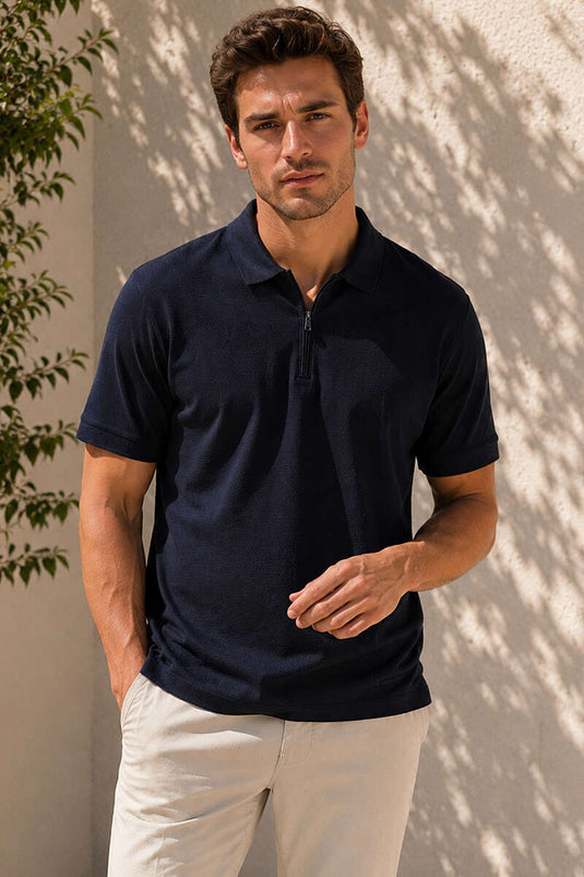 T-shirt basique à col polo zippé bleu marine