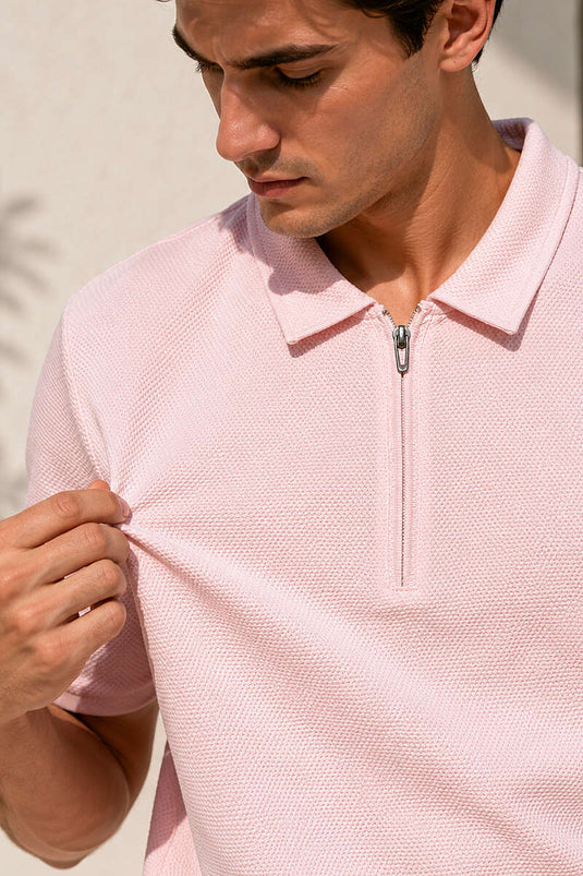 T-shirt basique à col polo zippé rose