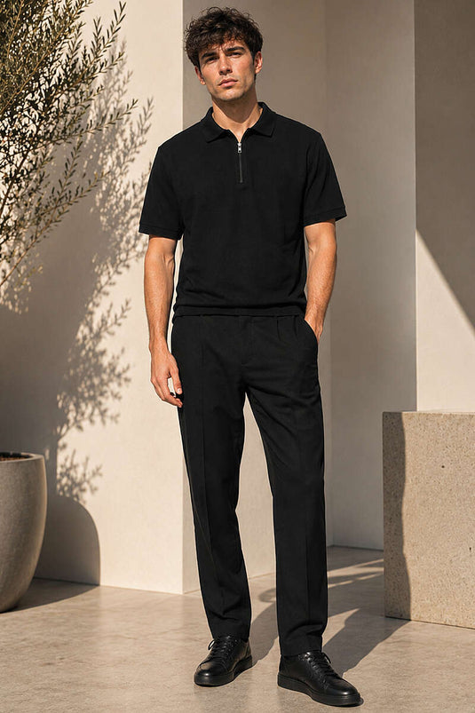 T-shirt basique à col polo zippé noir