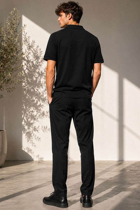 T-shirt basique à col polo zippé noir