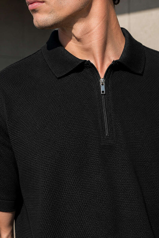 T-shirt basique à col polo zippé noir