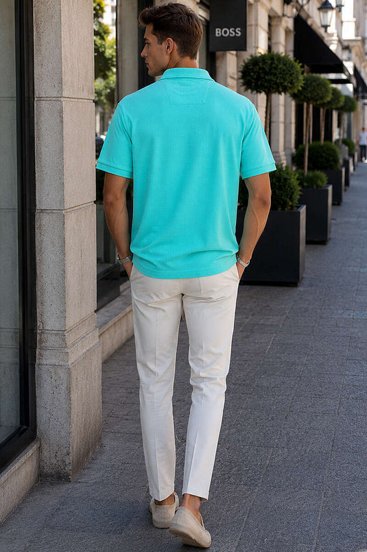 Polo Yaka Basic Fermuarlı T-shirt Su Yeşili