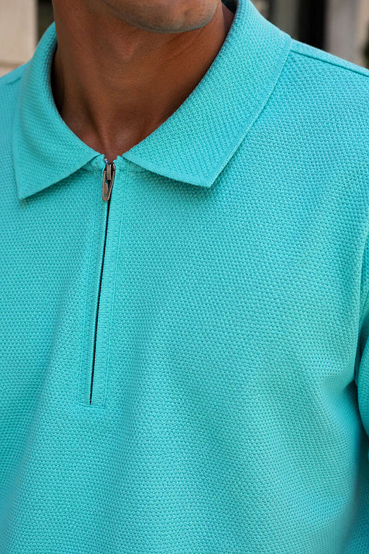 Polo Yaka Basic Fermuarlı T-shirt Su Yeşili
