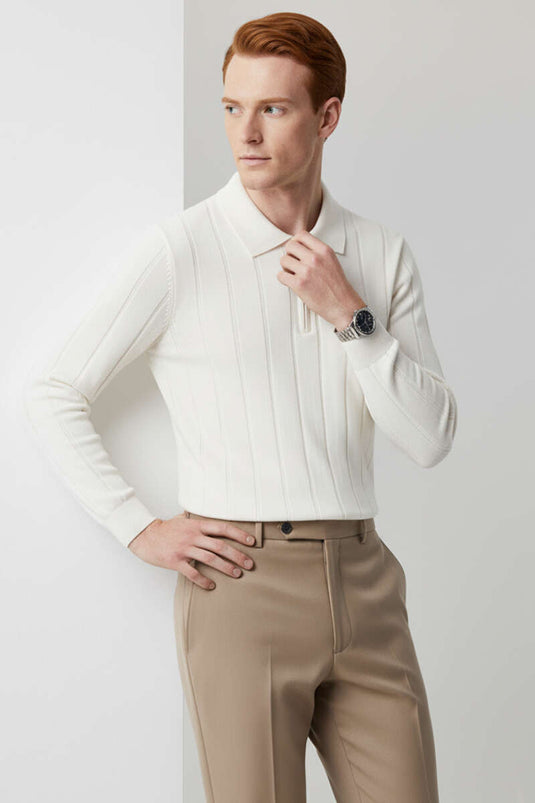 كنزة مخططة بياقة بولو، لون بيج فاتح