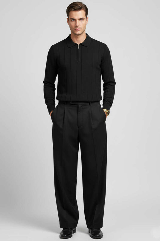 Pull rayé à col polo noir