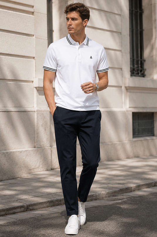 T-shirt homme à rayures col polo blanc