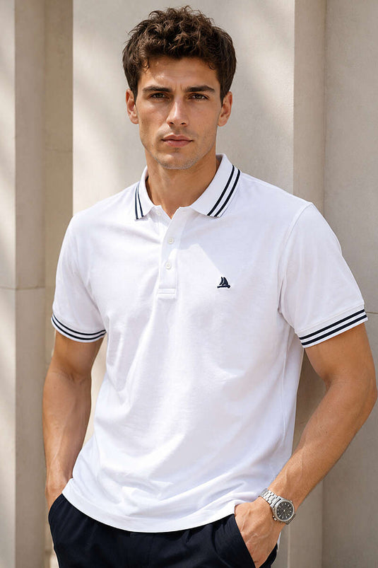 T-shirt homme à rayures col polo blanc