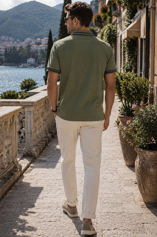 Polo Yaka Çizgili Erkek T-shirt Haki