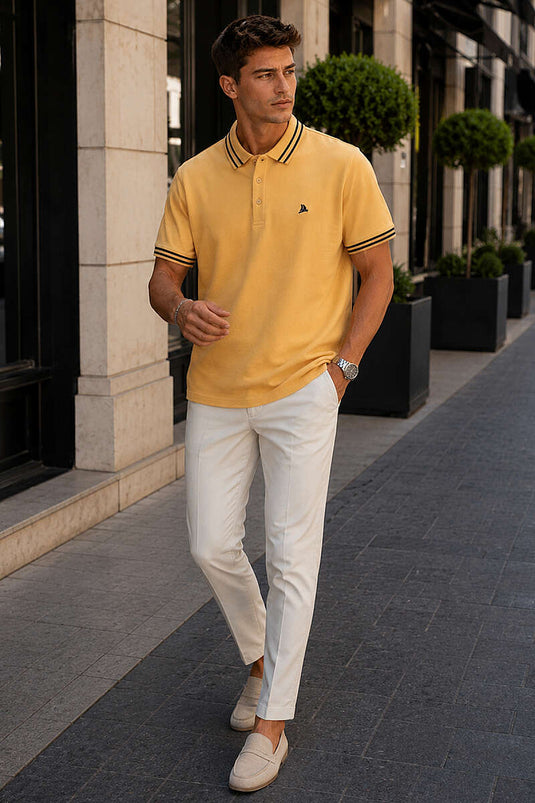 Polo Yaka Çizgili Erkek T-shirt Safran