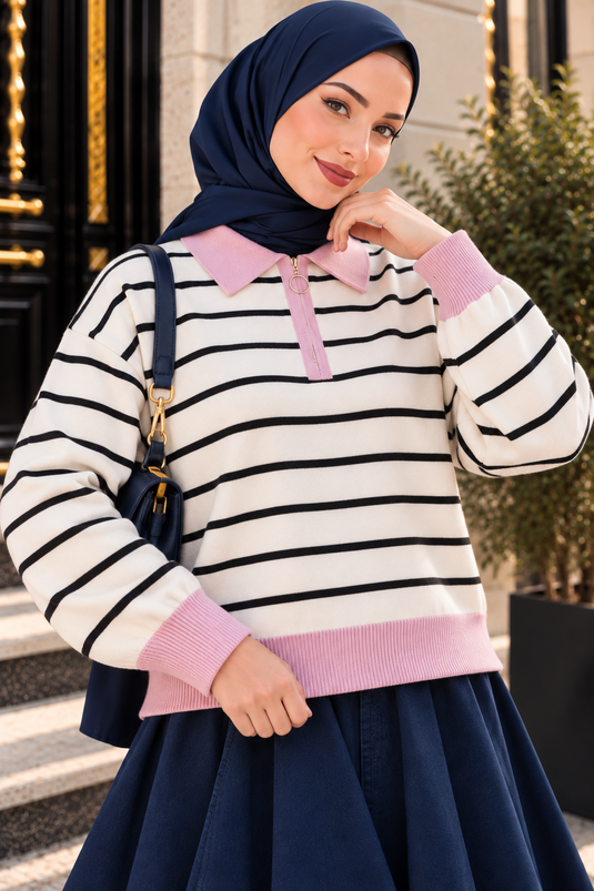 Polo Yaka Çizgili Triko Kazak Pembe