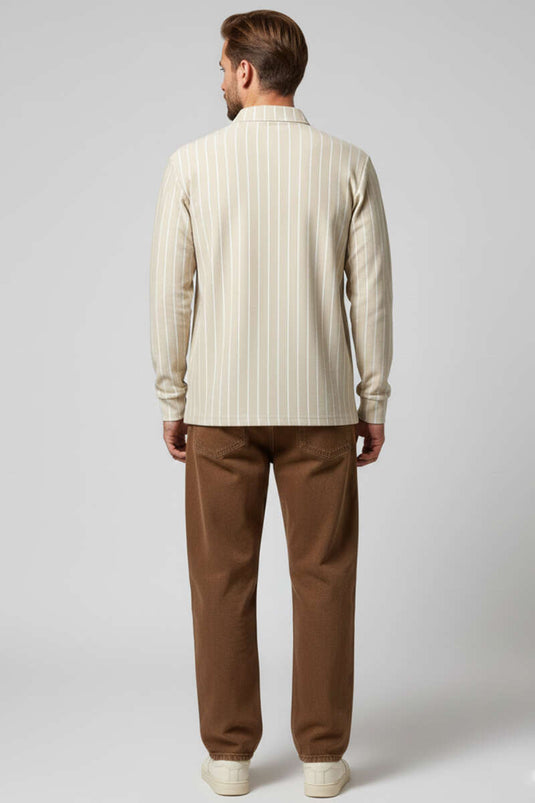 Polo Yaka Çizgili Uzun Kollu Erkek T-shirt Bej