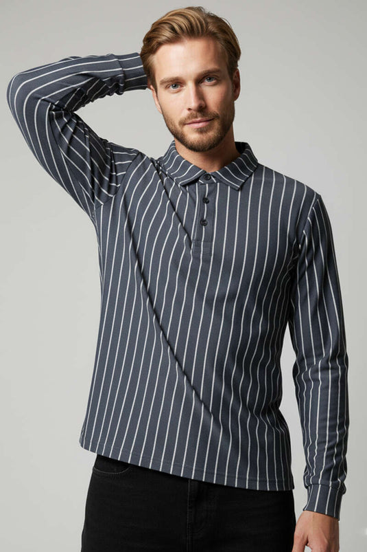 Striped Long-Sleeved Men's Shirt with Polo Collar, Smoke Gray