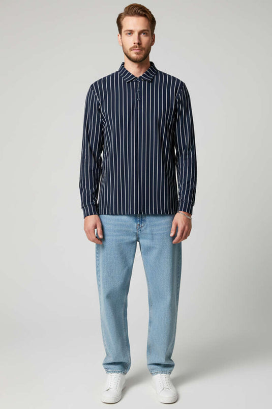 Striped Long-Sleeved Men's Shirt with Polo Collar Navy Blue