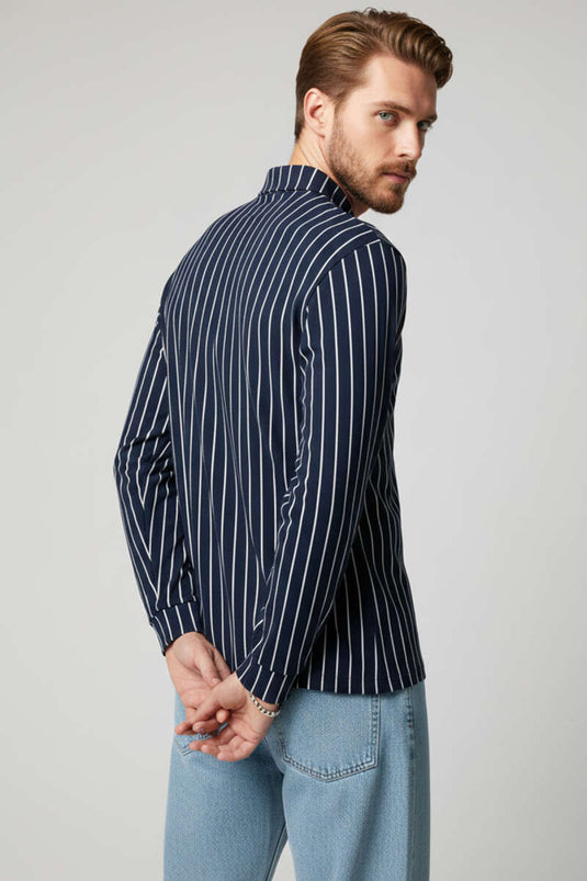Striped Long-Sleeved Men's Shirt with Polo Collar Navy Blue