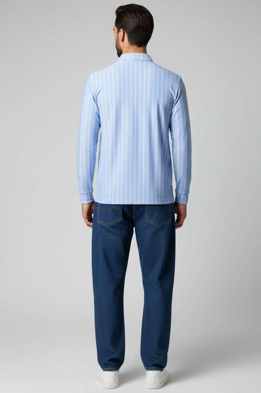 T-shirt homme à manches longues rayé col polo bleu