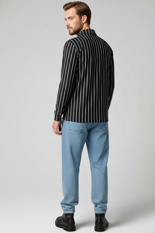 Polo Yaka Çizgili Uzun Kollu Erkek T-shirt Siyah