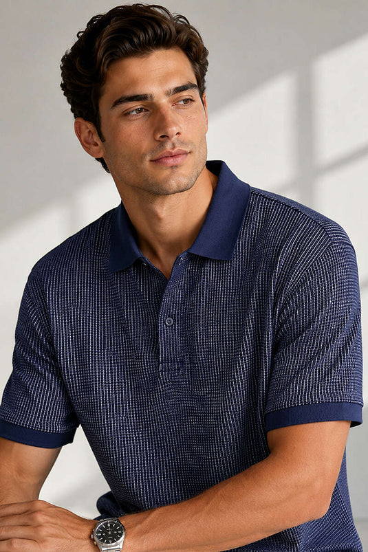 T-shirt homme à rayures verticales avec col polo, bleu marine