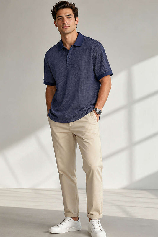 T-shirt homme à rayures verticales avec col polo, bleu marine