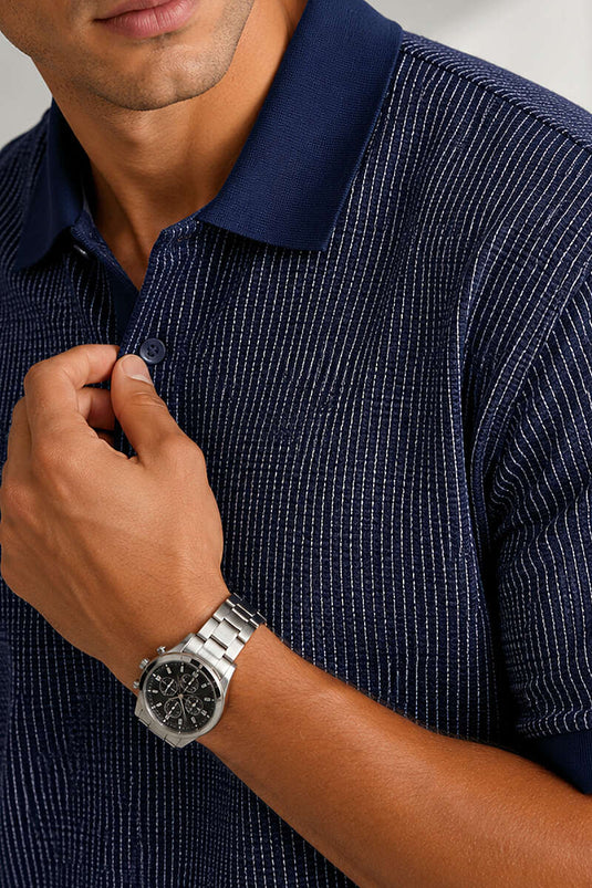 T-shirt homme à rayures verticales avec col polo, bleu marine