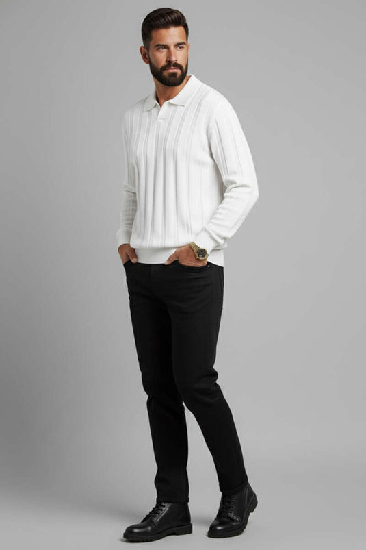 Polo Collar Vertical Striped Knit Men's Sweater, Ecru