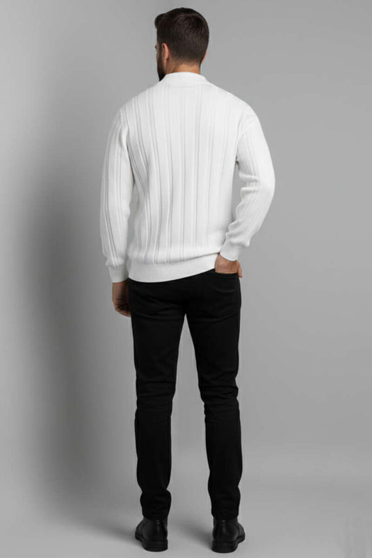 Polo Collar Vertical Striped Knit Men's Sweater, Ecru