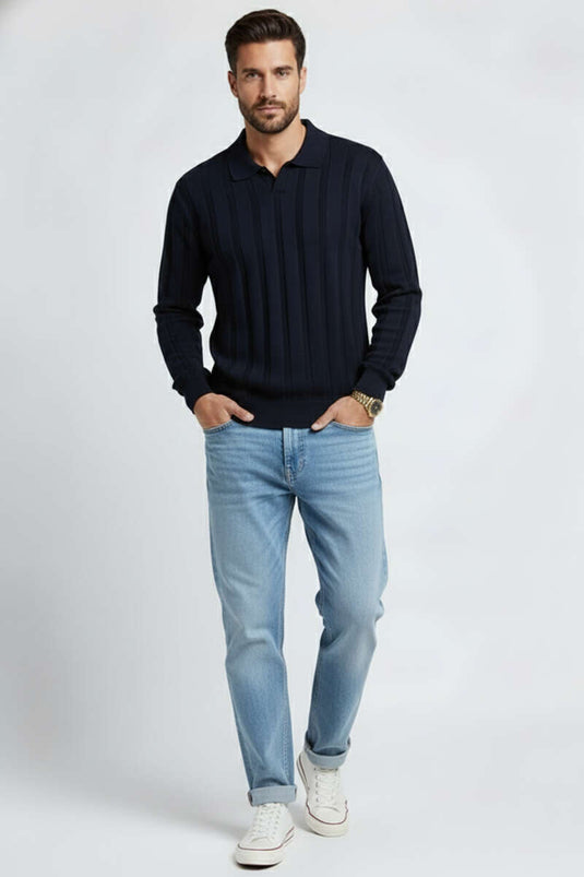 Men's Polo Collar Vertical Striped Knit Sweater, Navy Blue