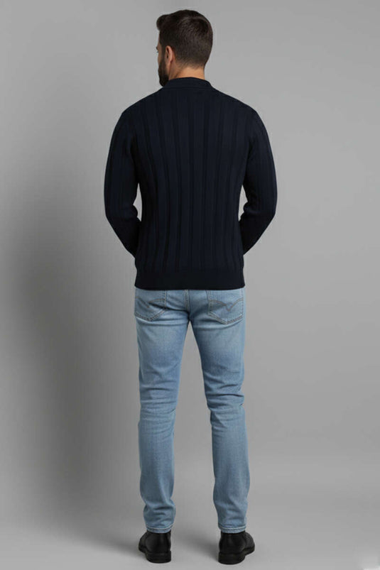 Men's Polo Collar Vertical Striped Knit Sweater, Navy Blue