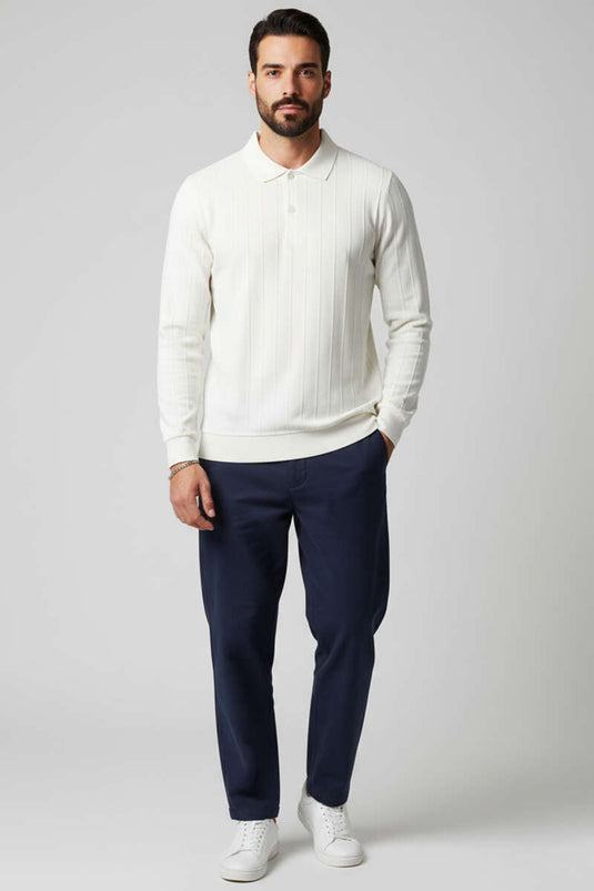 Polo Collar Stitched Sweater, Ecru