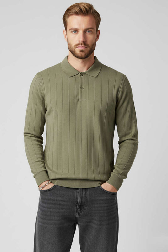 كنزة بياقة بولو مخيطة، لون كاكي