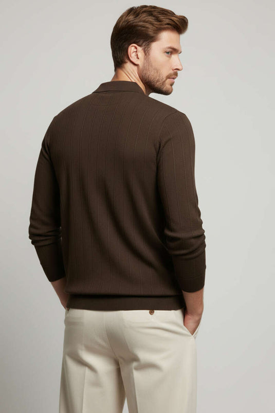 Polo Collar Stitched Sweater, Coffee