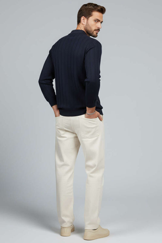 Polo Collar Stitched Sweater Navy Blue