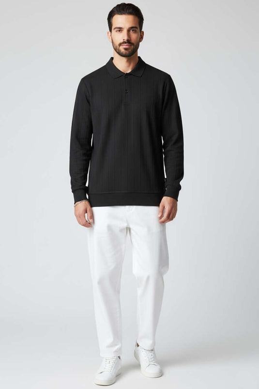 Polo Collar Stitched Sweater Black